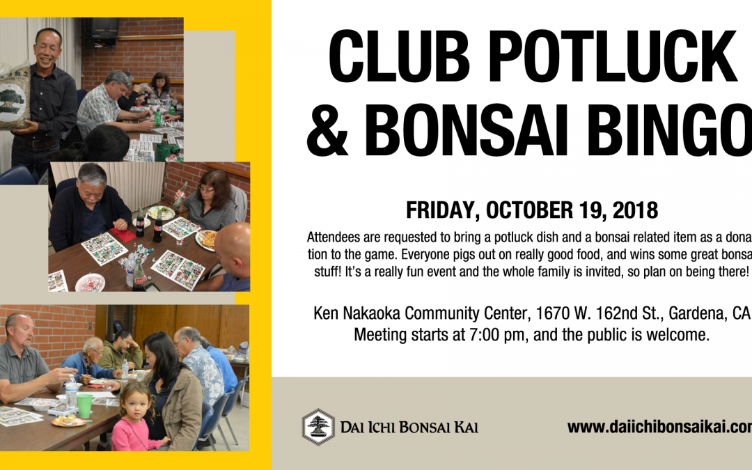 OCTOBER 18th 2018 MEETING –  CLUB POTLUCK & BONSAI BINGO